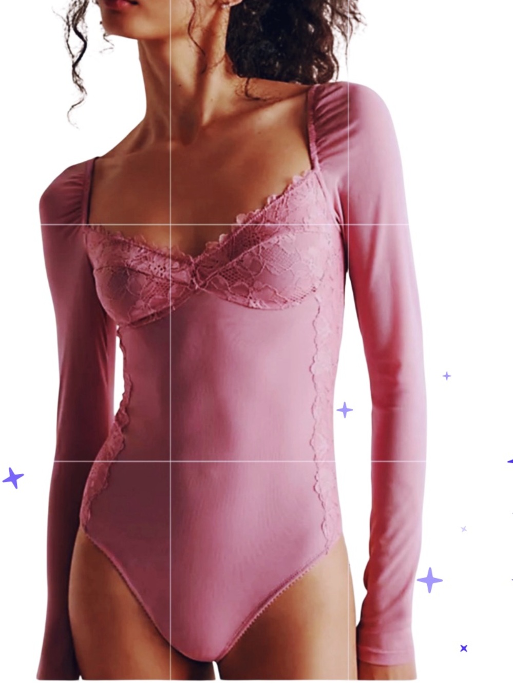 FREE PEOPLE SUDDENLY FINE LONG SLEEVE BUSTIER LACE BODY SUIT ROSE PINK LG